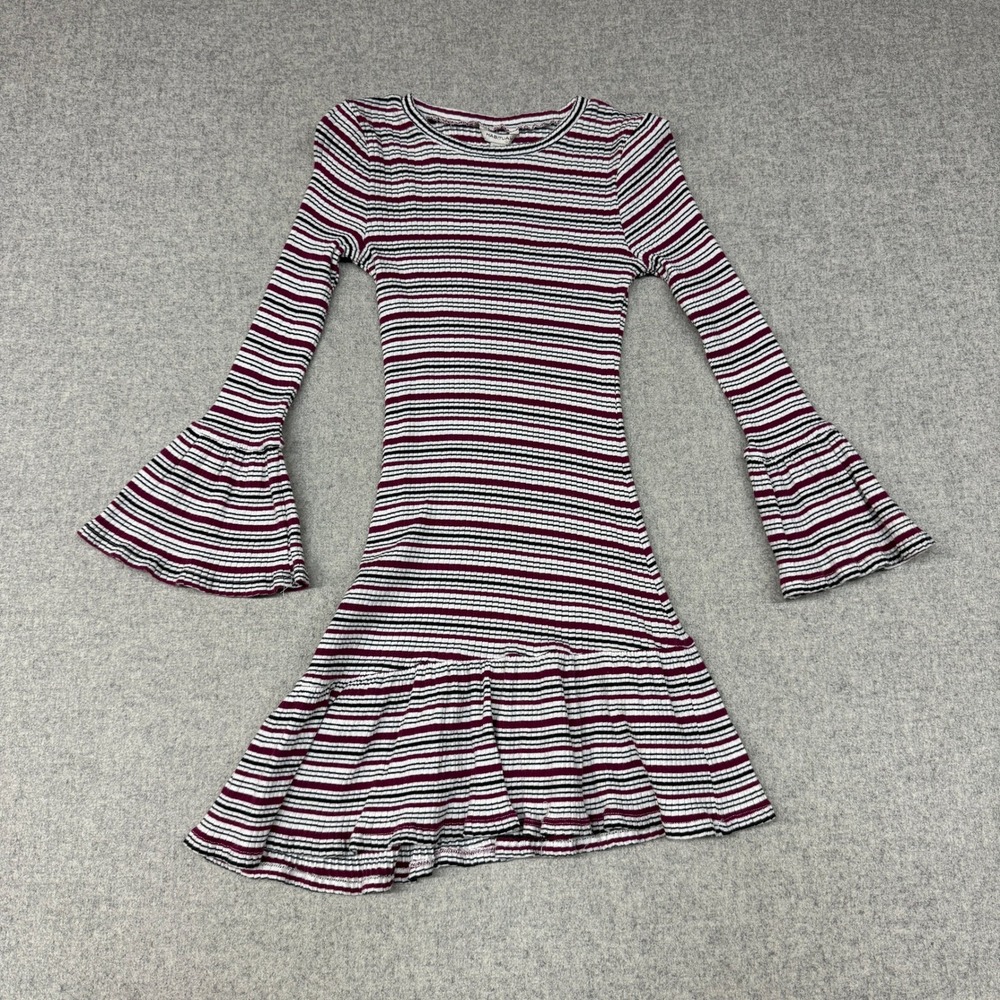 Habitual Girl Ribbed Knit Dress 16 Burgundy Black White StripeBell Sleeve Ruffle